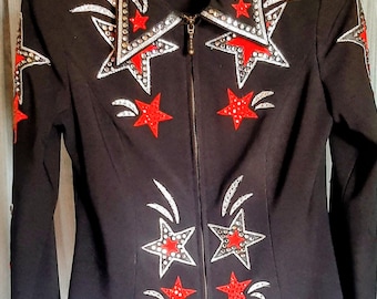 On the Rail black zip up lined black jacket adorned with red and silver sequins and rhinestones in excellent condition.  Size S.  18" P to P