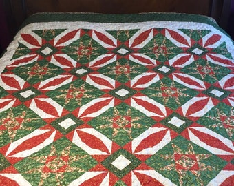 Handmade Christmas quilt with green and red holiday fabric, Christmas gift, holiday decor, room decor, poinsettia quilt, quilts.