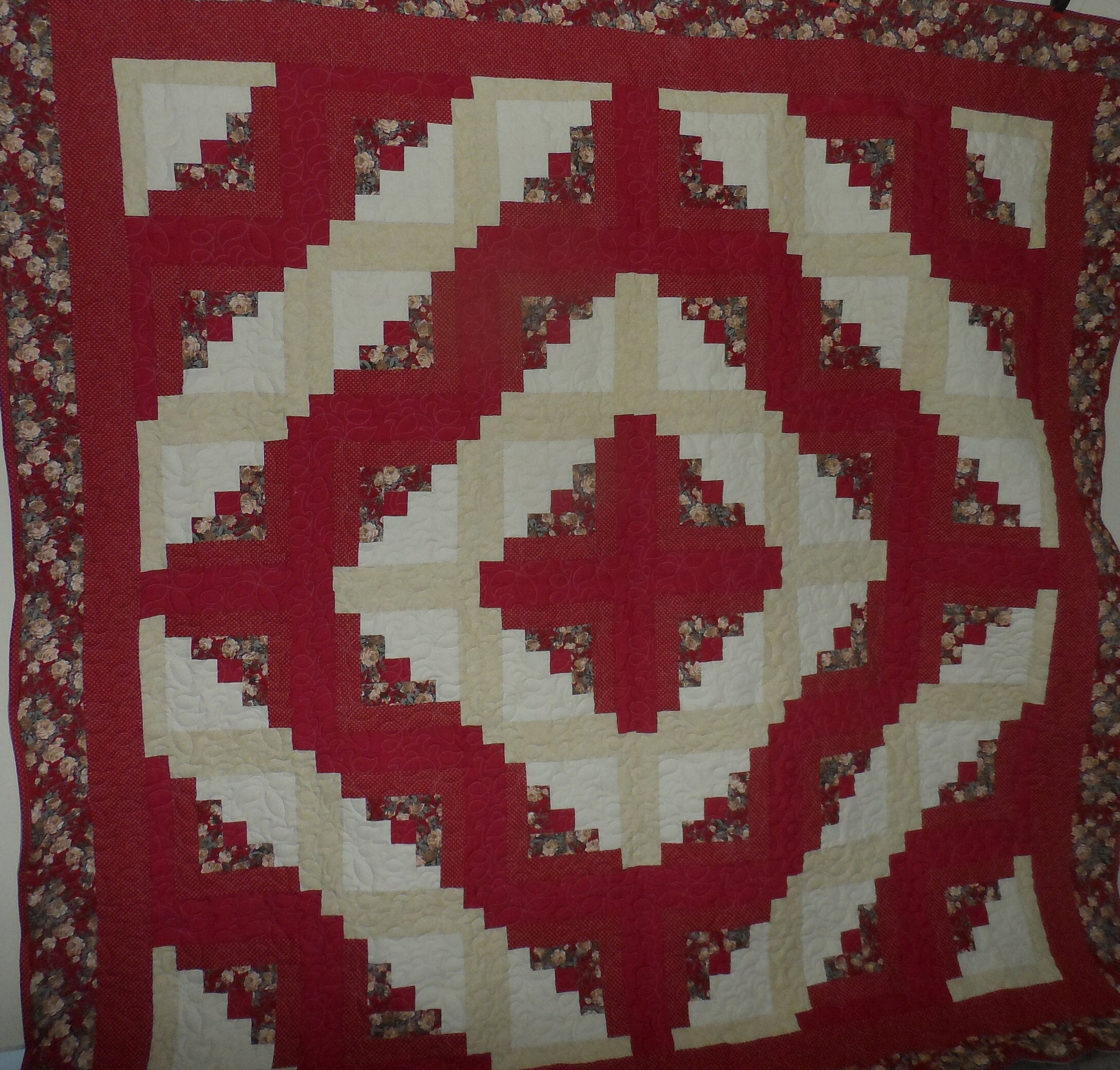 Handmade Log Cabin Quilt With Burgundy and Cream Fabric,home Decor