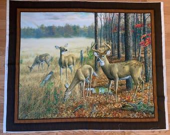 Fall Deer Fabric Panel, Cotton Fabric, 44" x 36", Quilting Fabric Panel