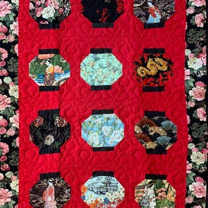 Handmade Chinese lanterns quilt, quilted throw, wall decor, 38" x 56", 100% cotton