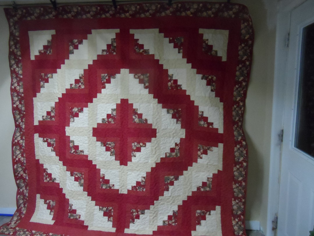 Handmade Log Cabin Quilt With Burgundy and Cream Fabrichome Etsy