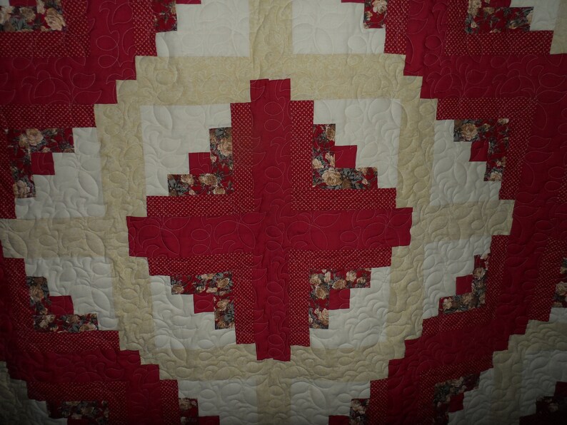 Handmade Log Cabin Quilt With Burgundy and Cream Fabric,home Decor
