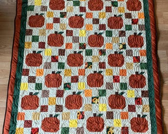 Handmade Patchwork Pumpkin Quilt, 100% Cotton , 53" x 60" Quilted Throw, 16" Matching Pillow Cover, Fall Quilt, Housewarming Gift