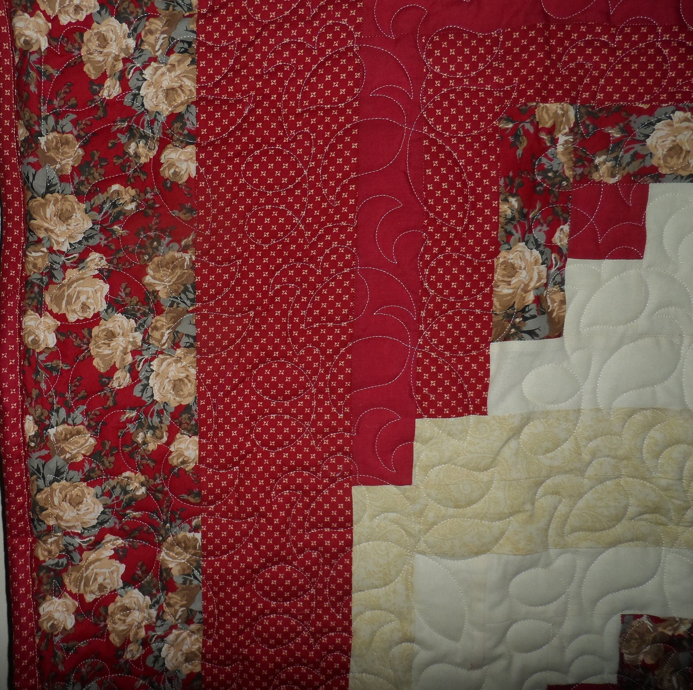 Handmade Log Cabin Quilt With Burgundy and Cream Fabric,home Decor
