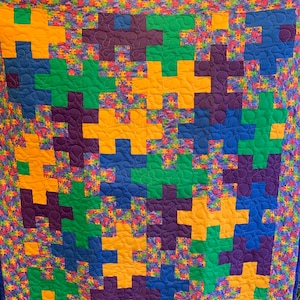 Autism quilt with assorted colors, handmade quilt, puzzle quilt, unique gifts, quilts, 54 x 60, quilted throw