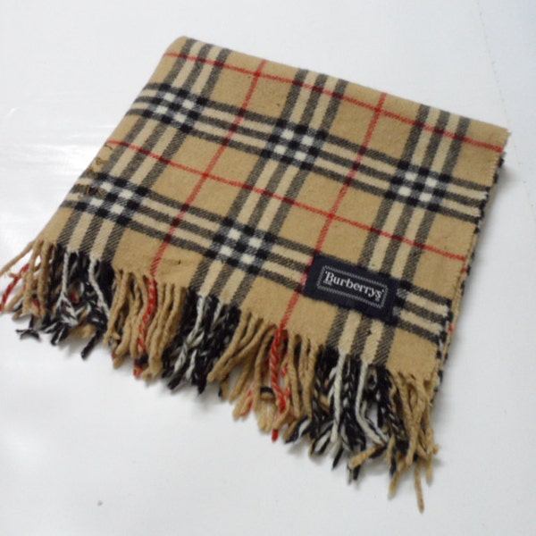 Vintage Authentic Burberrys Lambswool Beige Plaid Checks Design Scarf Muffler