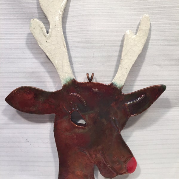 Original Handmade Raku Clay Sculpture - Christmas Ornament - Reindeer (Rudolph) with attached pendant bell for hanging