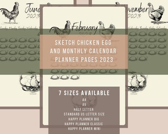 Sketch Printable Planner Pages for Egg Collection and Monthly Spread - 2023 - Homestead Planner - 7 sizes - Happy Planner sizes, A4, A5, US