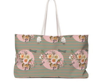 Flowers and Dragonflies Vintage-Inspired Print Purse - Wide-Mouthed Durable Weekender Bag - Oversized Bag