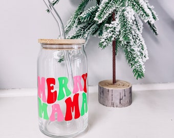 Merry Mama Glass Can Cup | Trendy TikTok Glass Cup | Glass Can Cup for Coffee | Christmas Gift Trendy For Mom Mama Life Gift for Mom