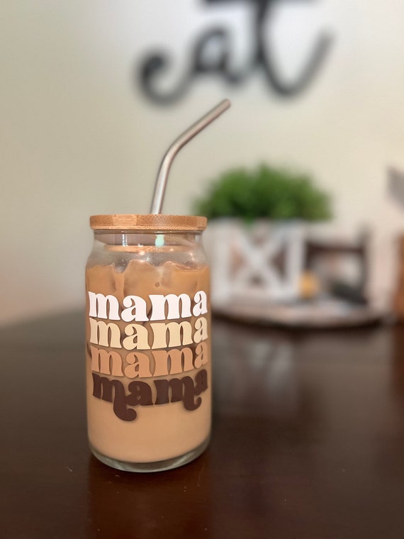 Mama Frosted Glass Can, Libbey Glass Can, Glass Can With Bamboo Lid and  Straw, Coffee Lover, Gift for Her, Smiley Face