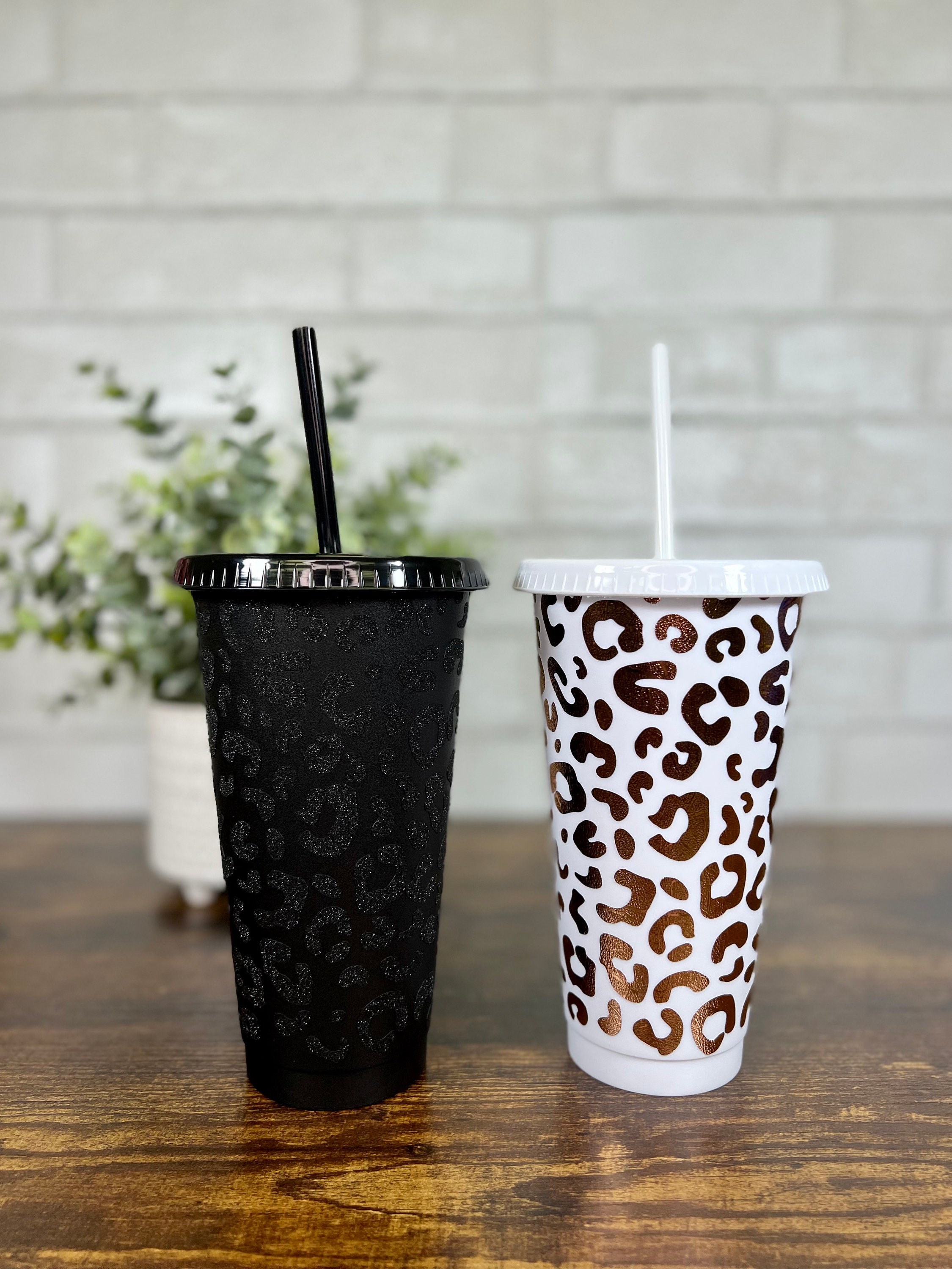 Black Glitter Cheetah Print Reusable Cold and Iced Coffee Cup Gift