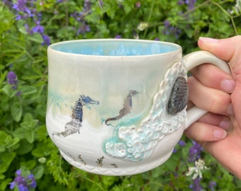 Gorgeous labradorite seaside crystal Handmade Mug - Unusual Mug  - Pottery Mug -  Ceramic Mug - Studio Pottery mug - gold mug - crystal mug