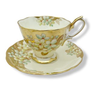 Royal Albert Crown China Gold with White Flower Tea Cup and Saucer | Vintage Royal Albert Bone China