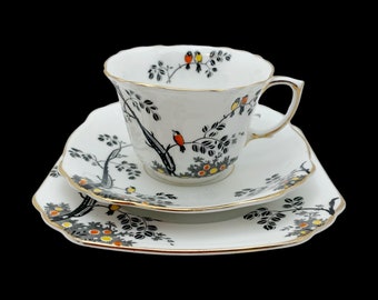 EB Foley Vintage Black and White Bird Tea Cup Trio | 1930s Art Deco Cup and Saucer | Tea Cup Saucer Bread & Butter Plate