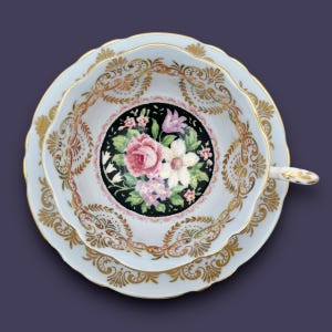 Vintage Paragon Tea Cup and Saucer: Light Blue Floral English Bone China
