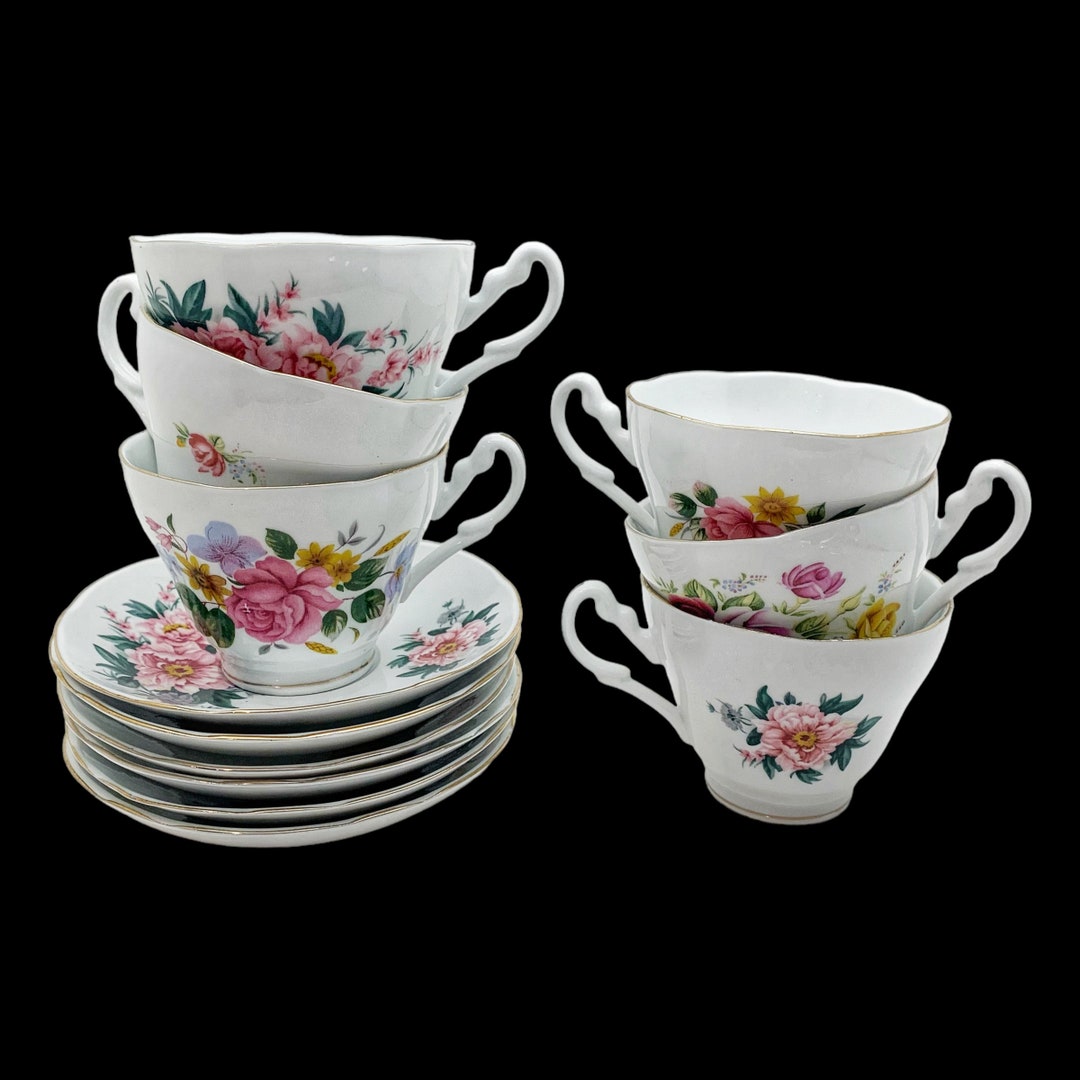 Set of 6 Porcelain Tea Cups and Saucers Mismatched Tea Cups Bulk