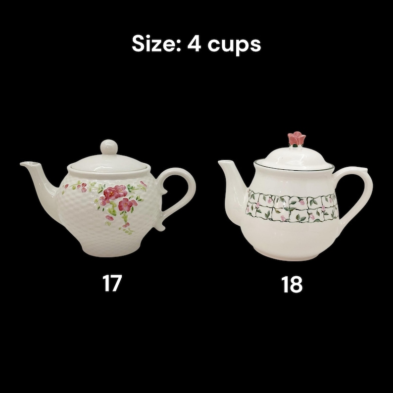 May include: Two white ceramic teapots with floral designs. One teapot has a textured pattern and pink flowers, the other has a floral border. The text "Size: 4 cups" is at the top.