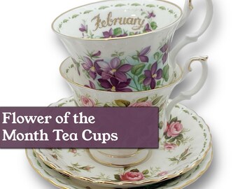 Flower of The Month Tea Cups | Birthday Tea Cups | Birthday Gifts for Mom Friend Her | Vintage Bone China Tea Cups