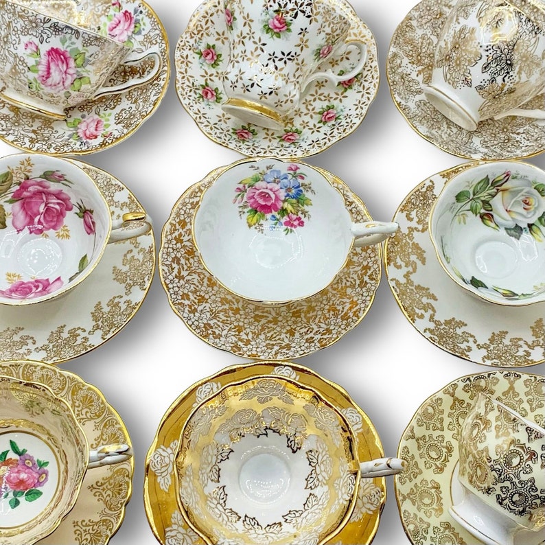 Set of Gold Vintage Tea Cups and Saucers Mismatched Tea Cups Etsy