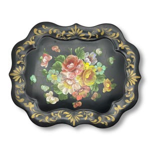 Large Floral Vintage Tin Tray | Hand Painted Muilticolored Floral Bouquet | 25”