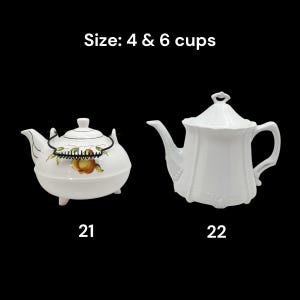 May include: Two white teapots are displayed against a black background. One teapot has a floral design and a handle, while the other is a solid white, ornate design. Text at the top reads "Size: 4 & 6 cups".