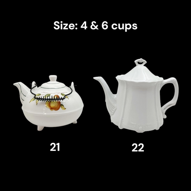 May include: Two white teapots are displayed against a black background. One teapot has a floral design and a handle, while the other is a solid white, ornate design. Text at the top reads "Size: 4 & 6 cups".