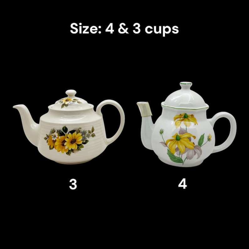 May include: Two white ceramic teapots with floral designs. One teapot features sunflowers, the other has yellow and purple flowers. The text "Size: 4 & 3 cups" is at the top. The teapots are labeled "3" and "4".