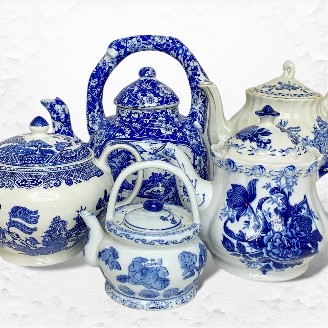 Vintage Teapots Blue and White Bulk Teapots Mismatched Tea Ware Tea
