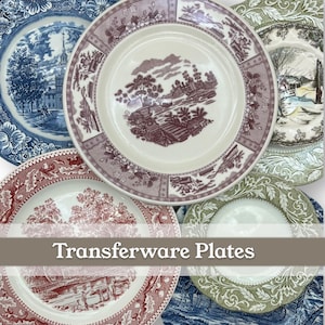 May include: A collection of transferware plates in various colors and patterns. The plates feature detailed landscape and floral designs in shades of blue, red, and green. The text "Transferware Plates" is displayed across the bottom.