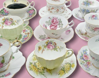 Completely Mismatched Vintage Tea Cups and Saucers // Mix & Match Tea Cups Saucers // Bulk Wedding China // Tea Party
