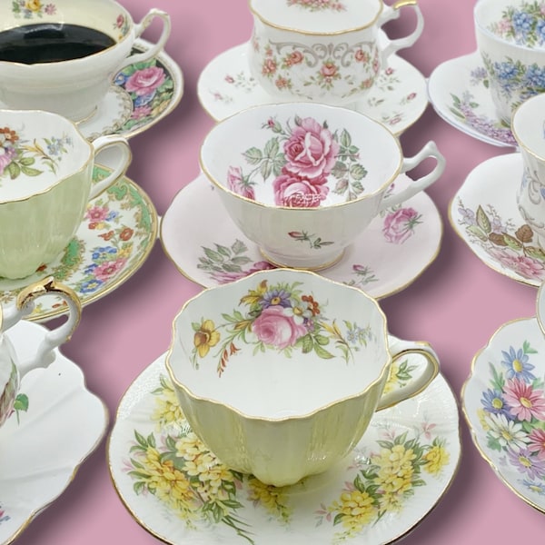 Completely Mismatched Vintage Tea Cups and Saucers // Mix & Match Tea Cups Saucers // Bulk Wedding China // Tea Party