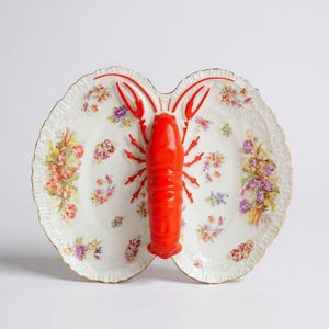 Vintage Porcelain Lobster Dish | Unmarked France or Germany Limoges | Lobster with Multicolored Floral Bowl