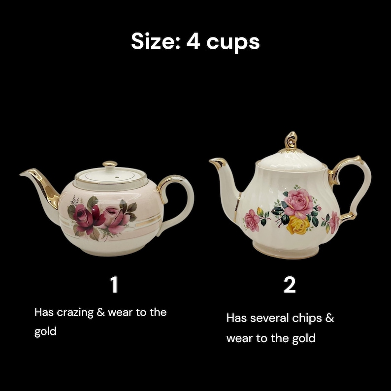 May include: Two vintage teapots with floral designs. One is pink with red roses, the other is white with pink and yellow roses. Both have gold accents and are labeled "Size: 4 cups". The first has crazing and wear to the gold, the second has chips and wear.