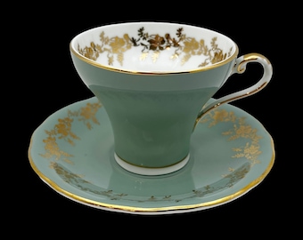 Aynsley Sage Green Gold Filigree Corset Tea Cup and Saucer | Vintage English Bone China Tea Cup