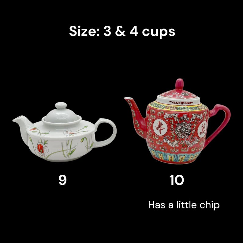 May include: Two teapots on a black background. One is white with floral designs, the other is red with ornate patterns. Text indicates sizes of 3 and 4 cups. One teapot has a small chip.