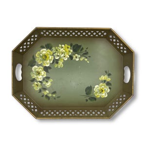 グリーンナシュコプロダクツ ヴィンテージブリキトレイ | オリーブグリーンに黄色の花が手描き | 20インチ