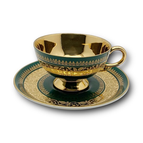 RW Bavaria Dark Green and Gold Vintage Tea Cup and Saucer | Vintage German Tea Cup