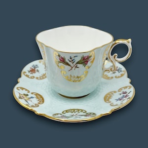Vintage Aynsley Light Blue Tea Cup and Saucer: Rosebud Bone China