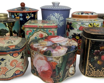 Vintage Tin Canisters | Floral Tin Can with Lid | Rustic Wedding Decor | English Tea Tin | Bulk Tin Cans