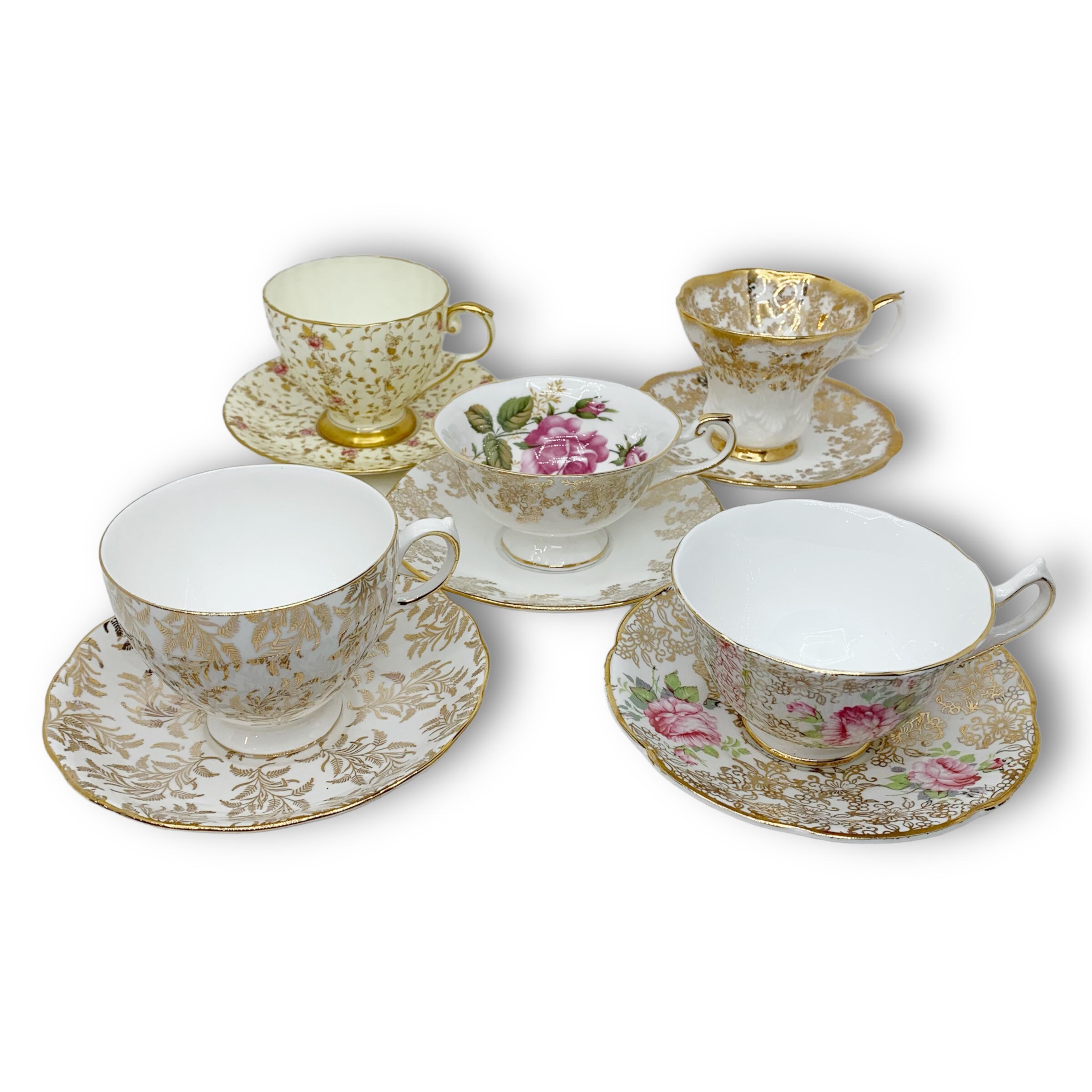 Set of Gold Vintage Tea Cups and Saucers Mismatched Tea Cups Etsy