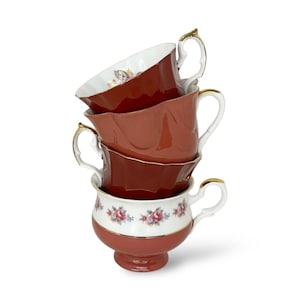 BROWN | Terracotta Brown Vintage Tea Cups and Saucers | Bulk Mismatched Tea Cups | Tea Party Decor