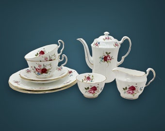 Tea for Two | 9 Piece Adderley Pink Rose Teapot Set | 2 Cup Teapot | Two Tea Cup Trios | Creamer and Sugar