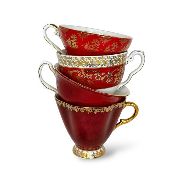 RED | Vintage Tea Cups and Saucers | Mismatched Tea Cups | Bulk Tea Cups | Tea Party Favors