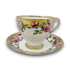 Vintage Salisbury Bone China Tea Cup and Saucer: Heavy Gold, Pink Roses