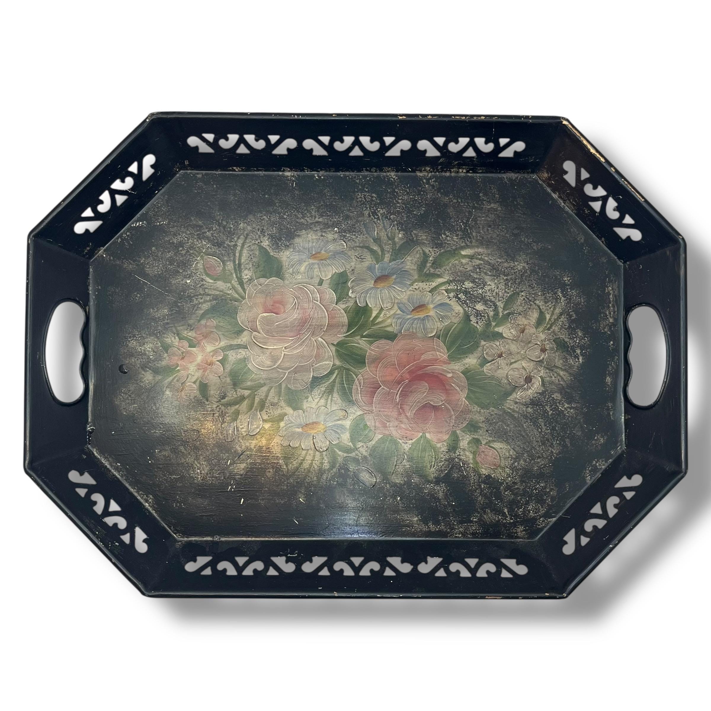 Vintage Tole Reticulated Black Metal Serving Tray with Hand Painted Roses and Daisies