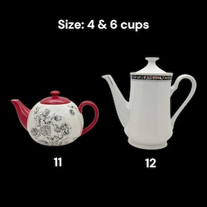 May include: Two teapots on a black background. One is round with a red lid and handle, and floral design. The other is tall, white, with a black and floral band around the lid. Text reads "Size: 4 & 6 cups".