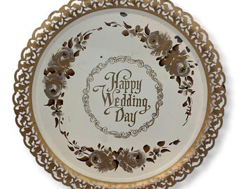Nascho Products Happy Wedding Day wit en bruin serveerblad met bloemen bloemen: rustiek bruiloftsdecor, vintage metalen dienblad wanddecoratie 15"