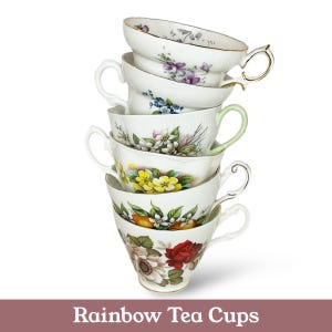 Set of 6 Rainbow Colored Vintage Tea Cups and Saucers | Mismatched Tea Cups | Mix and Match Tea Party Favors